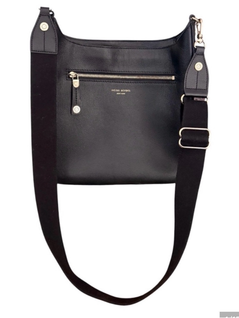 Henri Bendel Bowery Messenger Crossbody Bag Black Pebbled Leather Gold📝